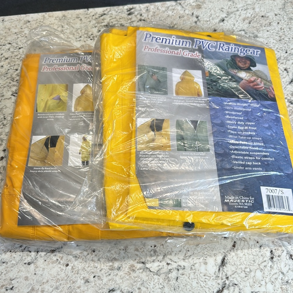 Majestic Brand. Yellow PVC Rain Jacket. Size Small. 2 Pair. NWT.